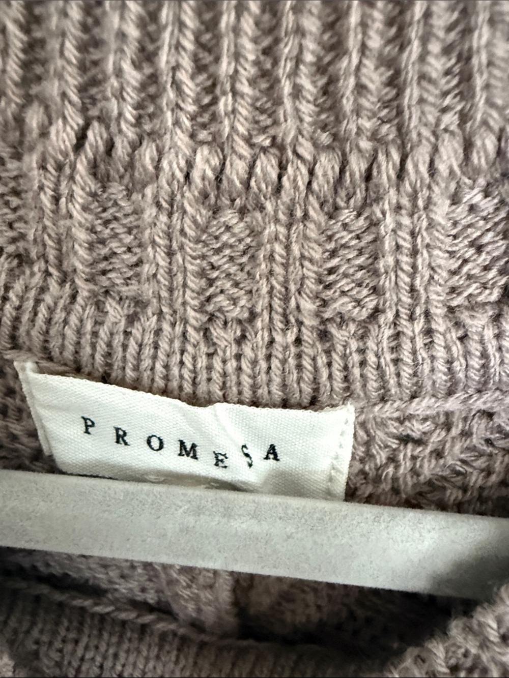 Promesa Taupe Open-Knit Crewneck Sweater with batwing sleeves. - Picture 2 of 3
